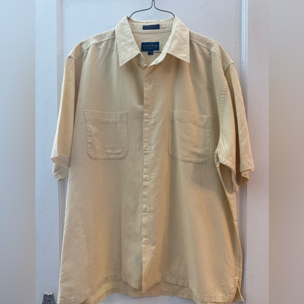 Mens Club Room Linen Cotton Blend Short Sleeve Button Up Shirt Size XL Yellow